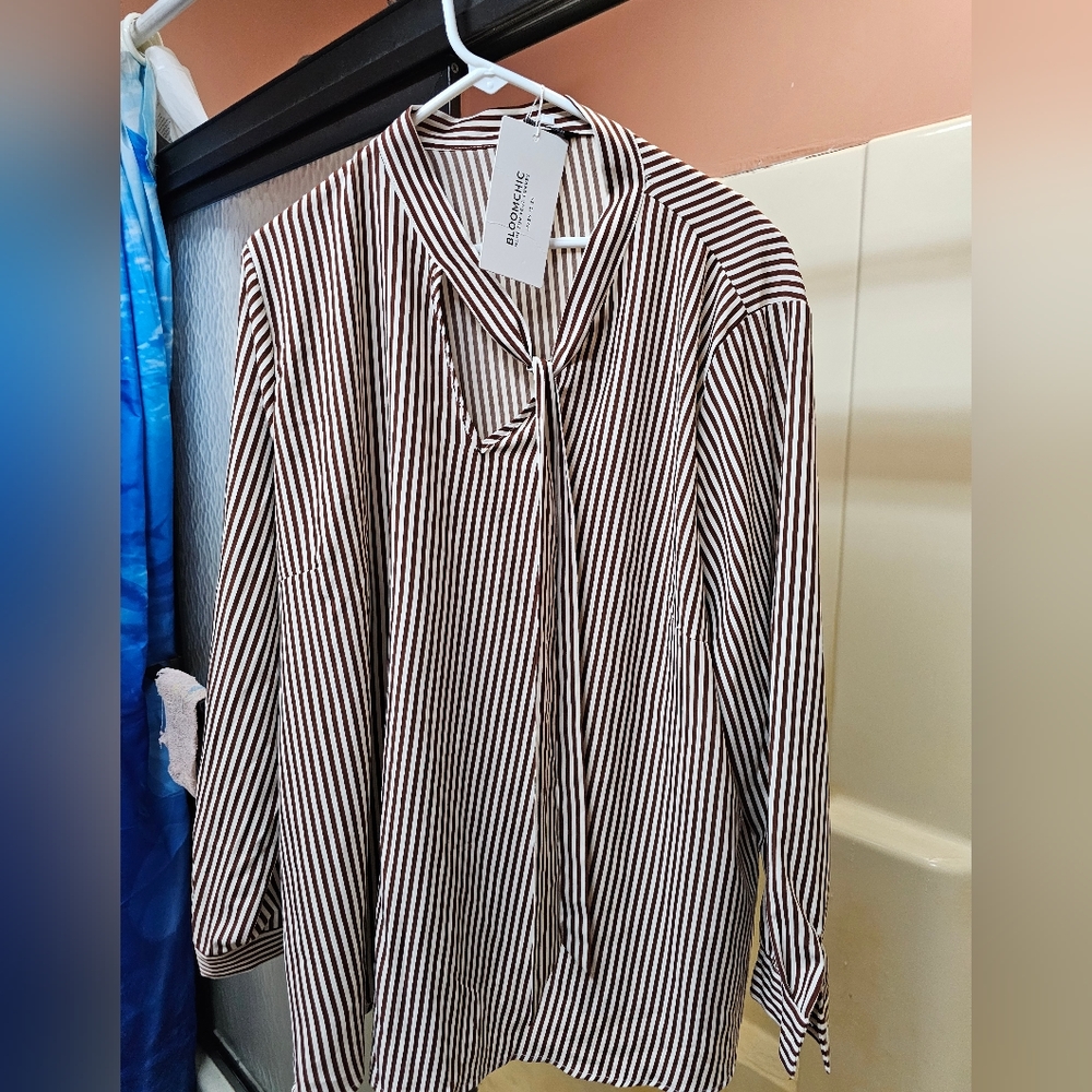 Maroon and Cream Plus Size Women's Dress Shirt